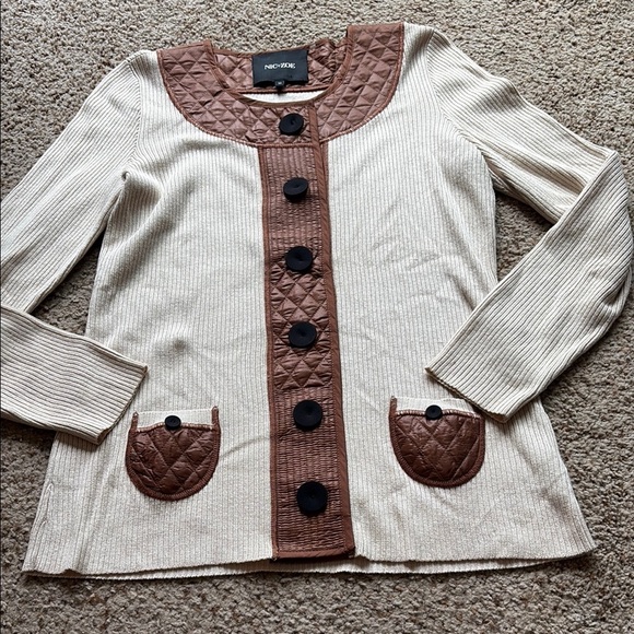 NIC+ZOE Sweaters - NIC+ZOE Cream and Brown ribbed Cardigan with quilted accents size M